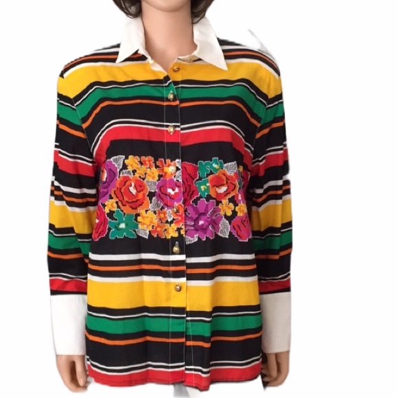 NWOT Vintage LOUIS FERAUD floral stripe cotton blouse - Picture 1 of 10